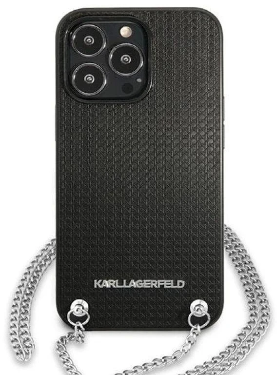 Karl Lagerfeld KLHCP13LPMK Apple iPhone 13 Pro / 13 6,1″ kietas dėklas juodos spalvos Leather Textured and Chain
