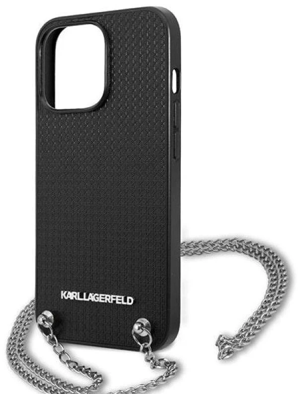 Karl Lagerfeld KLHCP13LPMK Apple iPhone 13 Pro / 13 6,1″ kietas dėklas juodos spalvos Leather Textured and Chain