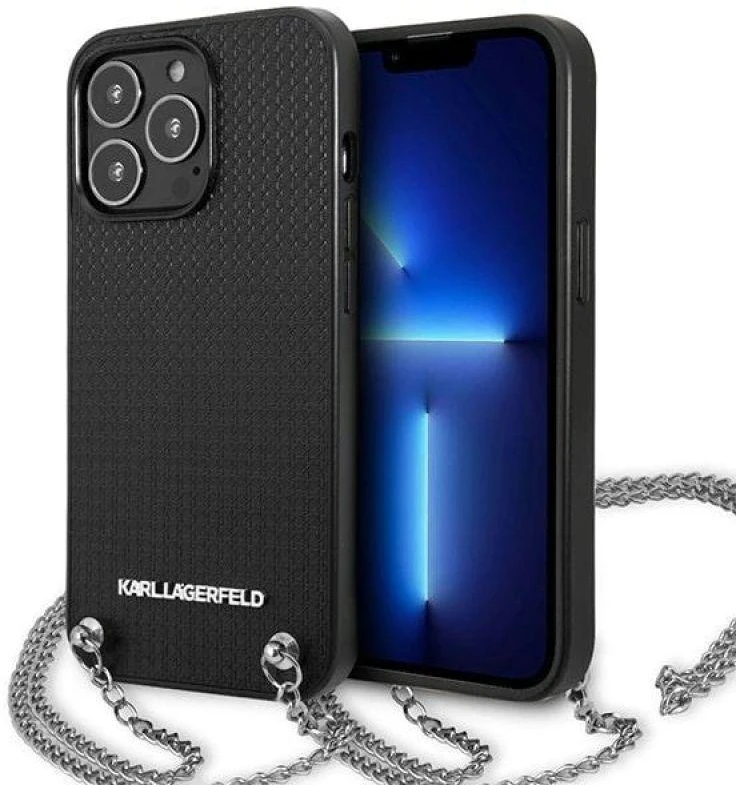 Karl Lagerfeld KLHCP13LPMK Apple iPhone 13 Pro / 13 6,1″ kietas dėklas juodos spalvos Leather Textured and Chain