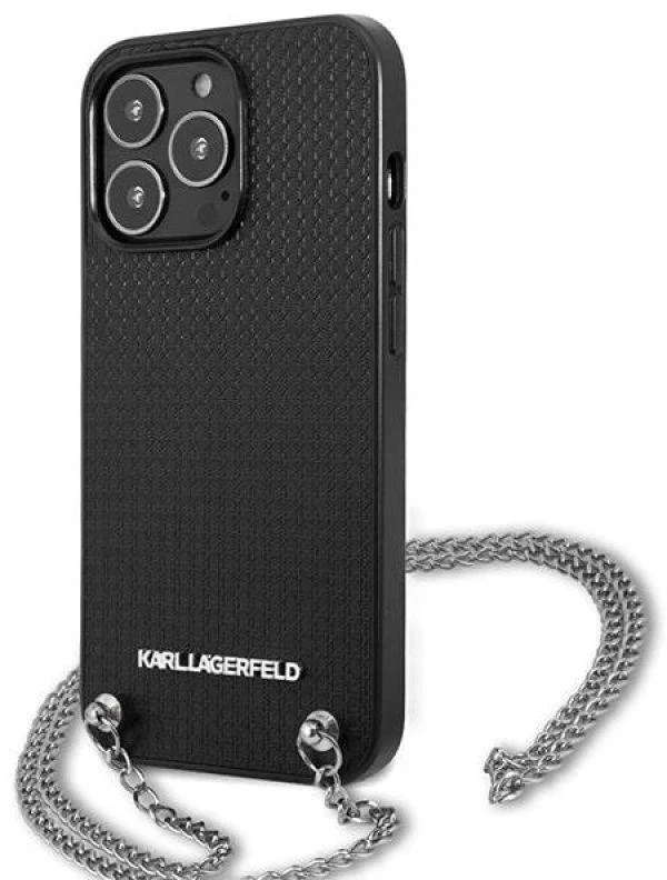 Karl Lagerfeld KLHCP13LPMK Apple iPhone 13 Pro / 13 6,1″ kietas dėklas juodos spalvos Leather Textured and Chain