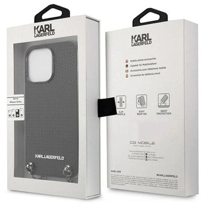 Karl Lagerfeld KLHCP13LPMK Apple iPhone 13 Pro / 13 6,1″ kietas dėklas juodos spalvos Leather Textured and Chain