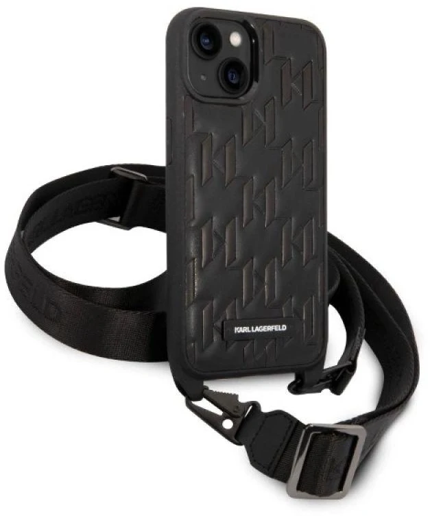 Dėklas Karl Lagerfeld Monogram Plaque Logo Strap Case for iPhone 14 / 15 / 13 6.1" - Juodas