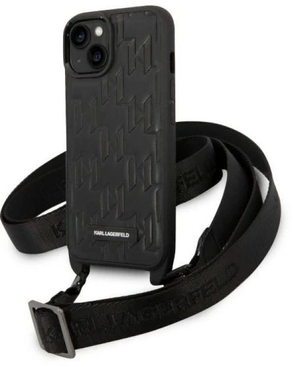 Dėklas Karl Lagerfeld Monogram Plaque Logo Strap Case for iPhone 14 / 15 / 13 6.1" - Juodas