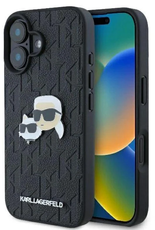 Karl Lagerfeld KLHCP16SPGKLKCPK Apple iPhone 16 6.1″ juodos spalvos kietas dėklas Monogram Karl&Chaoupette Head Pi