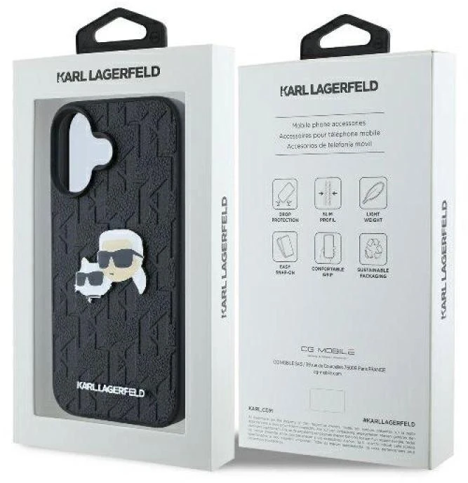 Karl Lagerfeld KLHCP16SPGKLKCPK Apple iPhone 16 6.1″ juodos spalvos kietas dėklas Monogram Karl&Chaoupette Head Pi