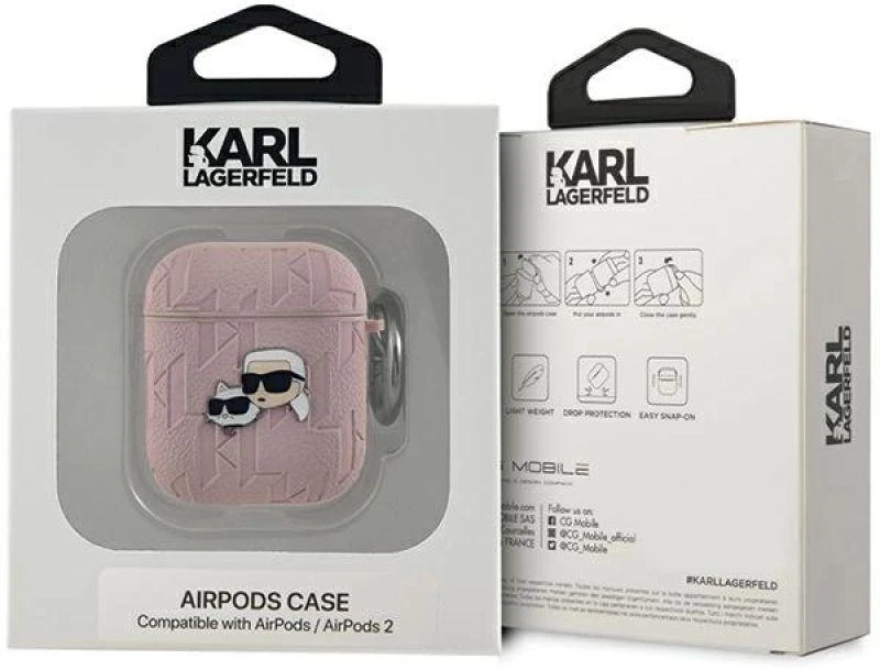 Karl Lagerfeld Monogramos Karl & Choupette galvos dėklas, skirtas AirPods 1 / 2 - rožinis