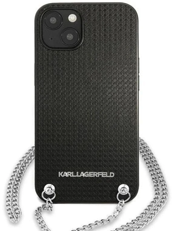 Karl Lagerfeld KLHCP13MPMK Apple iPhone 13 / 14 / 15 6,1″ kietas dėklas juodos spalvos Leather Textured and Chain
