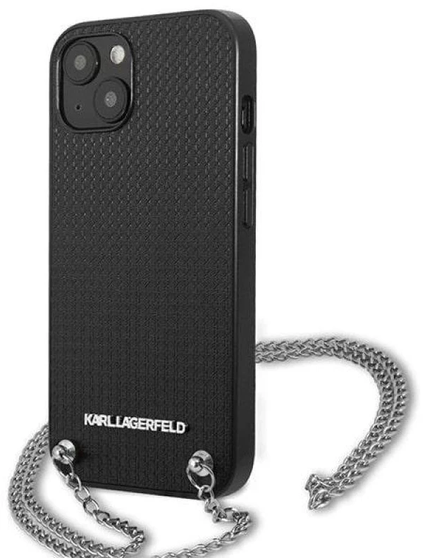 Karl Lagerfeld KLHCP13MPMK Apple iPhone 13 / 14 / 15 6,1″ kietas dėklas juodos spalvos Leather Textured and Chain