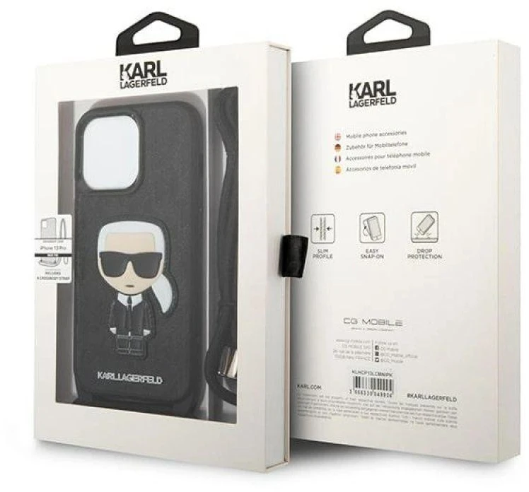 Karl Lagerfeld KLHCP13LCMNIPK Apple iPhone 13 Pro / 13 6,1″ kietas dėklas juodos spalvos Leather Monogram Patch an