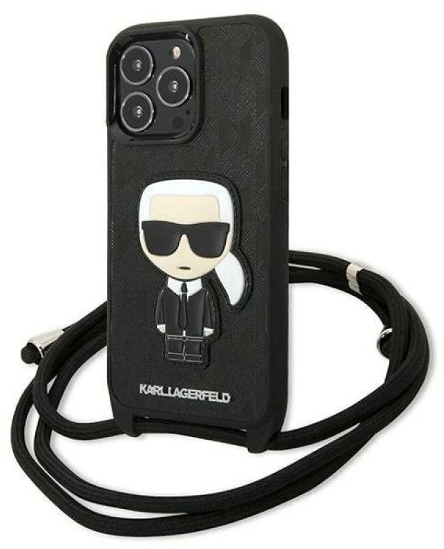 Karl Lagerfeld KLHCP13LCMNIPK Apple iPhone 13 Pro / 13 6,1″ kietas dėklas juodos spalvos Leather Monogram Patch an