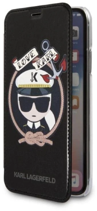 Karl Lagerfeld KLFLBKPXKSB Apple iPhone X Xs juodos spalvos bookdėklas Signature Glitter
