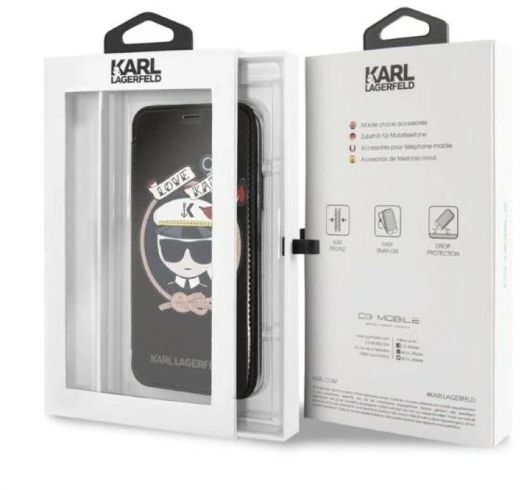 Karl Lagerfeld KLFLBKPXKSB Apple iPhone X Xs juodos spalvos bookdėklas Signature Glitter