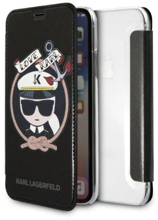 Karl Lagerfeld KLFLBKPXKSB Apple iPhone X Xs juodos spalvos bookdėklas Signature Glitter