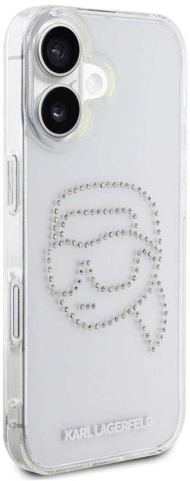 Dėklas Karl Lagerfeld IML Rhinestones Karl Head Apple iPhone 16 skaidrus
