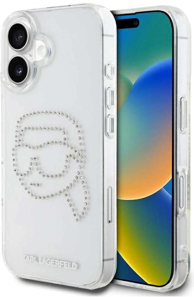 Dėklas Karl Lagerfeld IML Rhinestones Karl Head Apple iPhone 16 skaidrus