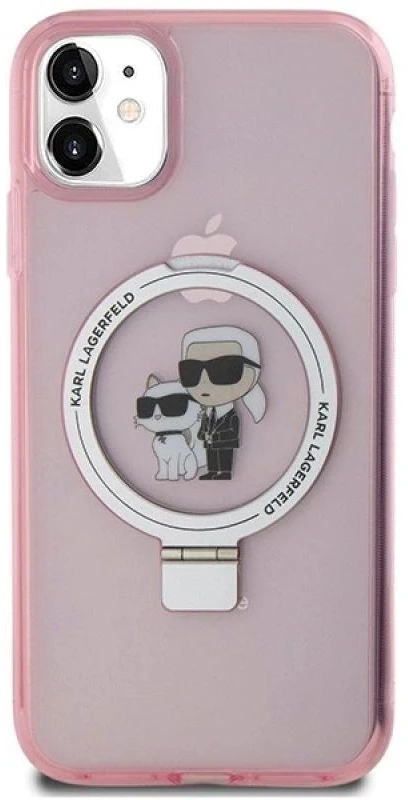 Karl Lagerfeld KLHMN61HMRSKCP Apple iPhone 11/ Xr 6.1″ rožinės spalvos kietas dėklas Ring Stand Karl&Choupettte Mag