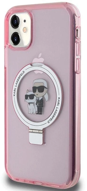 Karl Lagerfeld KLHMN61HMRSKCP Apple iPhone 11/ Xr 6.1″ rožinės spalvos kietas dėklas Ring Stand Karl&Choupettte Mag