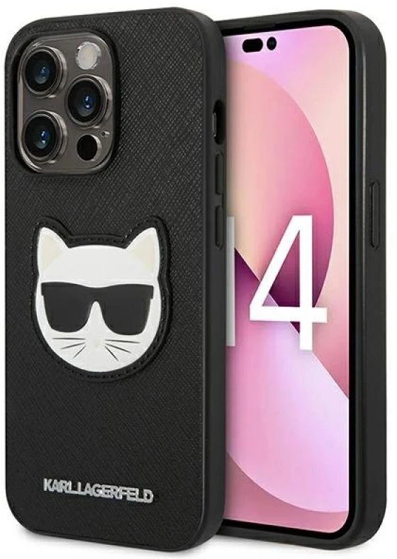 Apple iPhone 14 Pro Max Karl Lagerfeld dėklas Saffiano Choupette Head Patch juodos spalvos