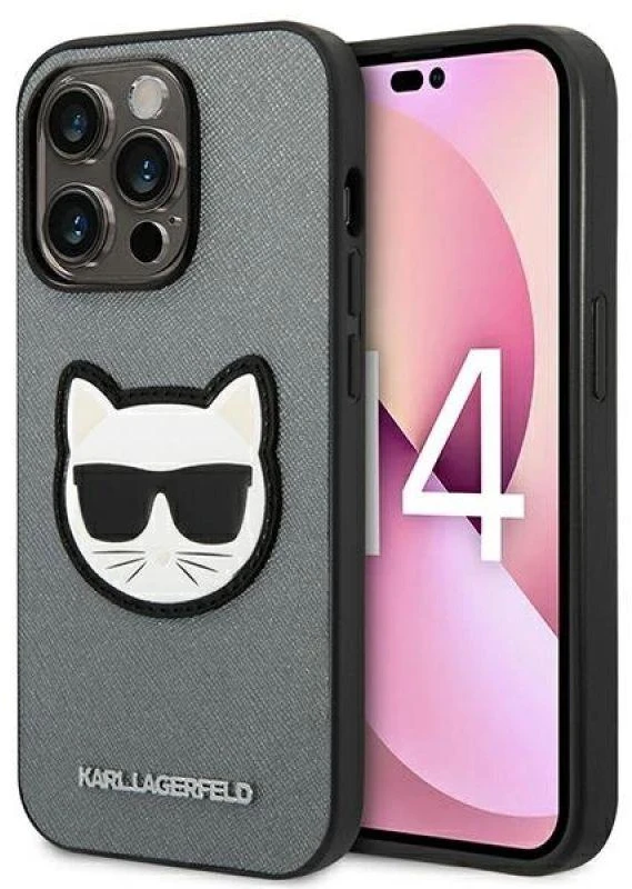 Karl Lagerfeld KLHCP14LSAPCHG Apple iPhone 14 Pro 6,1″ kietas dėklas sidabrinis Saffiano Choupette Head Patc