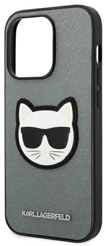 Karl Lagerfeld KLHCP14LSAPCHG Apple iPhone 14 Pro 6,1″ kietas dėklas sidabrinis Saffiano Choupette Head Patc