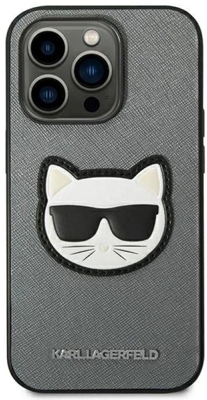 Karl Lagerfeld KLHCP14LSAPCHG Apple iPhone 14 Pro 6,1″ kietas dėklas sidabrinis Saffiano Choupette Head Patc
