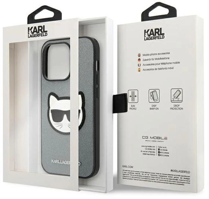 Karl Lagerfeld KLHCP14LSAPCHG Apple iPhone 14 Pro 6,1″ kietas dėklas sidabrinis Saffiano Choupette Head Patc