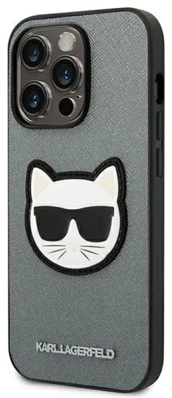 Karl Lagerfeld KLHCP14LSAPCHG Apple iPhone 14 Pro 6,1″ kietas dėklas sidabrinis Saffiano Choupette Head Patc