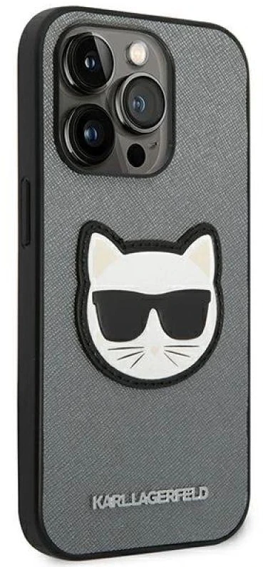 Karl Lagerfeld KLHCP14XSAPCHG Apple iPhone 14 Pro Max 6,7″ kietas dėklas sidabrinis Saffiano Choupette Head