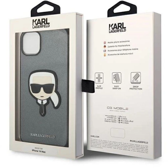 „Karl Lagerfeld Saffiano Karl's Head Patch“ dėklas, skirtas „iPhone 14“ - sidabrinis