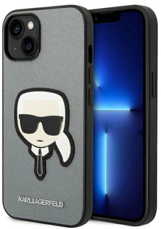 „Karl Lagerfeld Saffiano Karl's Head Patch“ dėklas, skirtas „iPhone 14“ - sidabrinis
