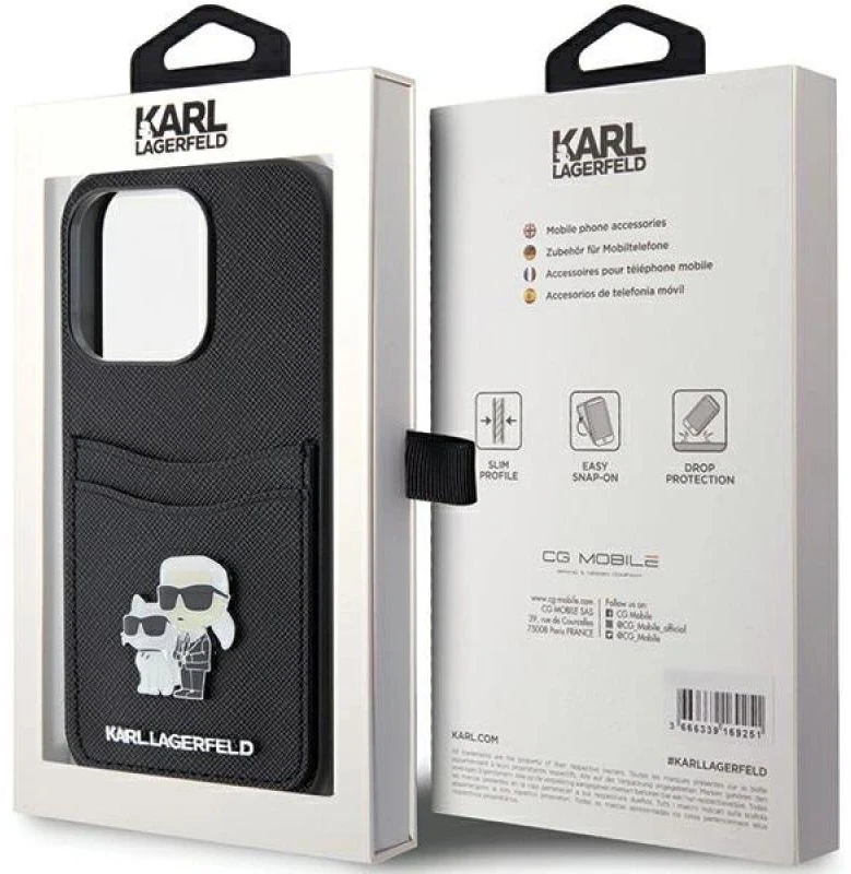 Karl Lagerfeld KLHCP15LSAPKCNPK Apple iPhone 15 Pro 6.1" juodos spalvos kietas dėklas Saffiano Cardslot Karl&Choup