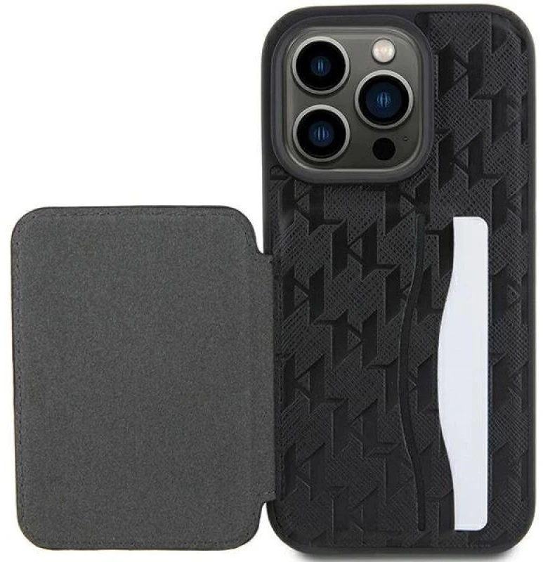 Karl Lagerfeld KLHCP15LSAKCNSCK Apple iPhone 15 Pro 6,1 colio juodos spalvos kietas dėklas Saffiano su kortelių kišenėmis ir stoveliu