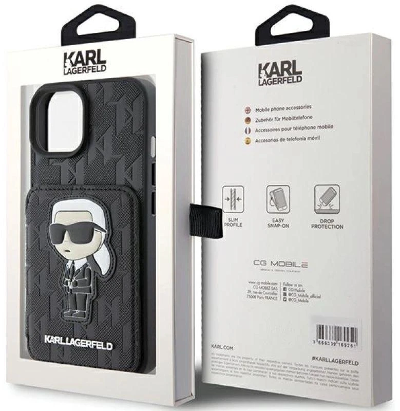 Karl Lagerfeld KLHCP15SSAKKNSCK Apple iPhone 15 / 14 / 13 6.1″ juodos spalvos kietas dėklas Saffiano Cardslots and