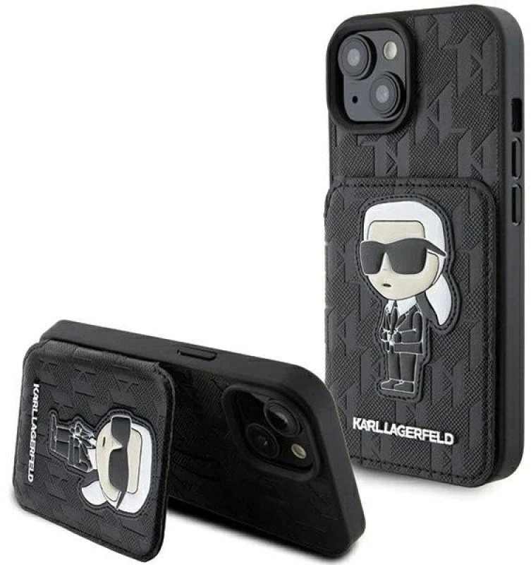 Karl Lagerfeld KLHCP15SSAKKNSCK Apple iPhone 15 / 14 / 13 6.1″ juodos spalvos kietas dėklas Saffiano Cardslots and