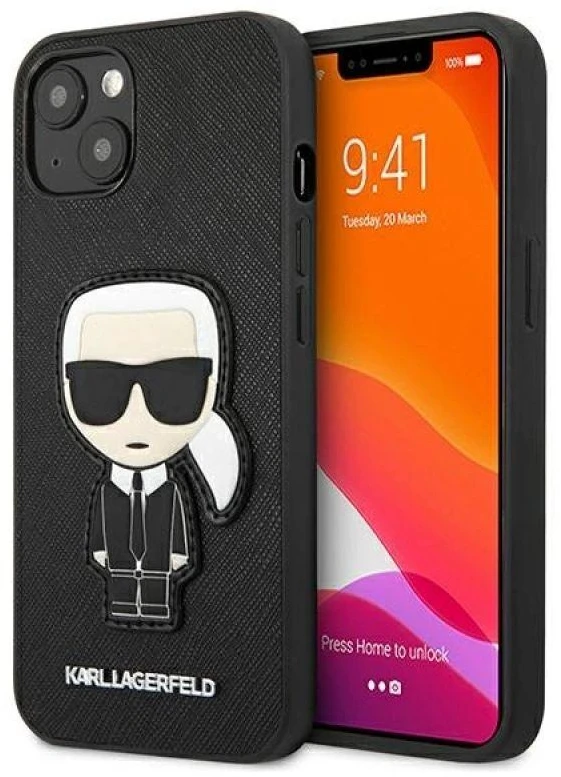 Dėklas Karl Lagerfeld Hardcase Saffiano Ikonik Karl`s Patch KLHCP13SOKPK galinis dangtelis, Apple, iPhone 13 mini, TPU, Juodas, 5,4 "