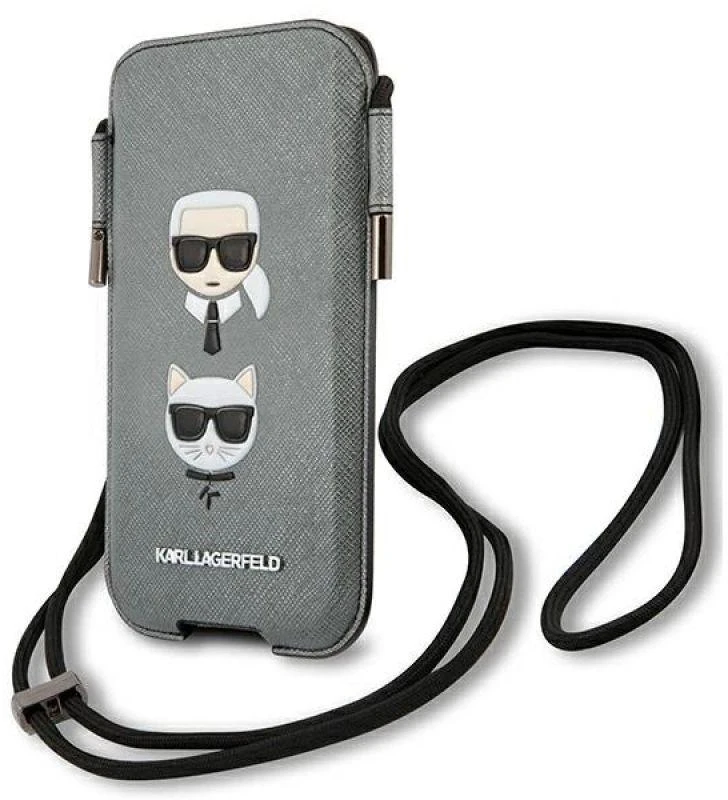 Karl Lagerfeld Torebka KLHCP12MOPHKCG 6,1″ pilkos spalvos kietas dėklas Saffiano Ikonik Karl&Choupette Head