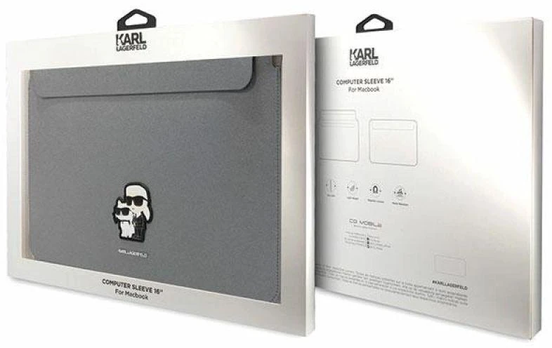 Karl Lagerfeld Dėklas kompiuteriui KLCS16SAKCPMG 16″ sidabro spalvos Saffiano Karl&Choupette