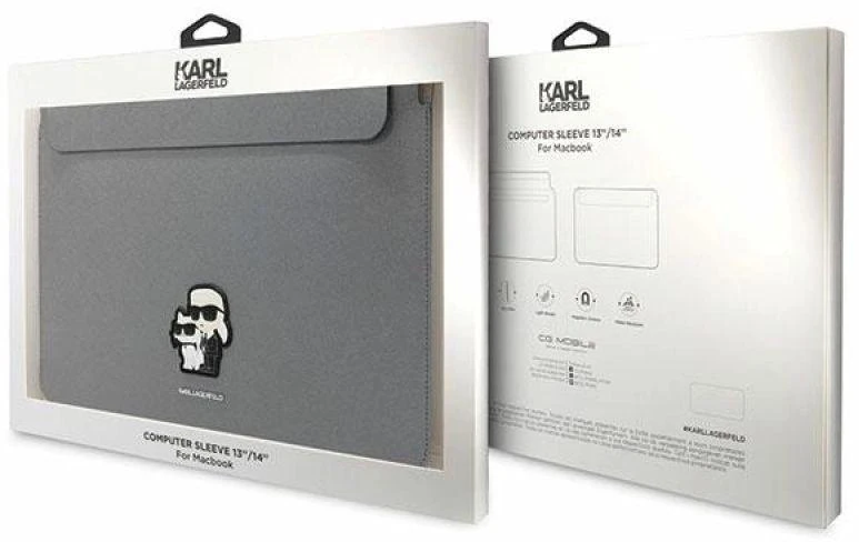 Karl Lagerfeld Dėklas kompiuteriui KLCS14SAKCPMG 14″ sidabro spalvos Saffiano Karl&Choupette