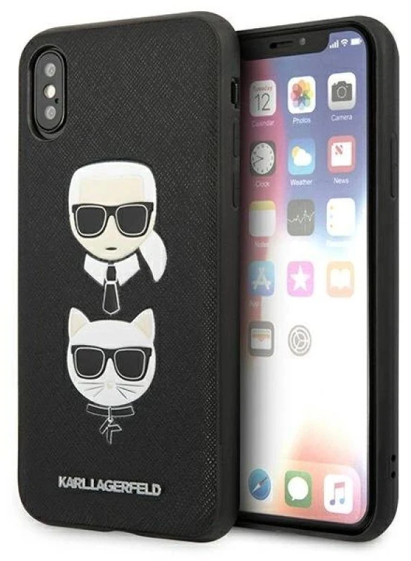Karl Lagerfeld dėklas, skirtas iPhone X / XS KLHCPXSAKICKCBK juodos spalvos kietas dėklas , skirtas Saffiano Karl-Choupette Head