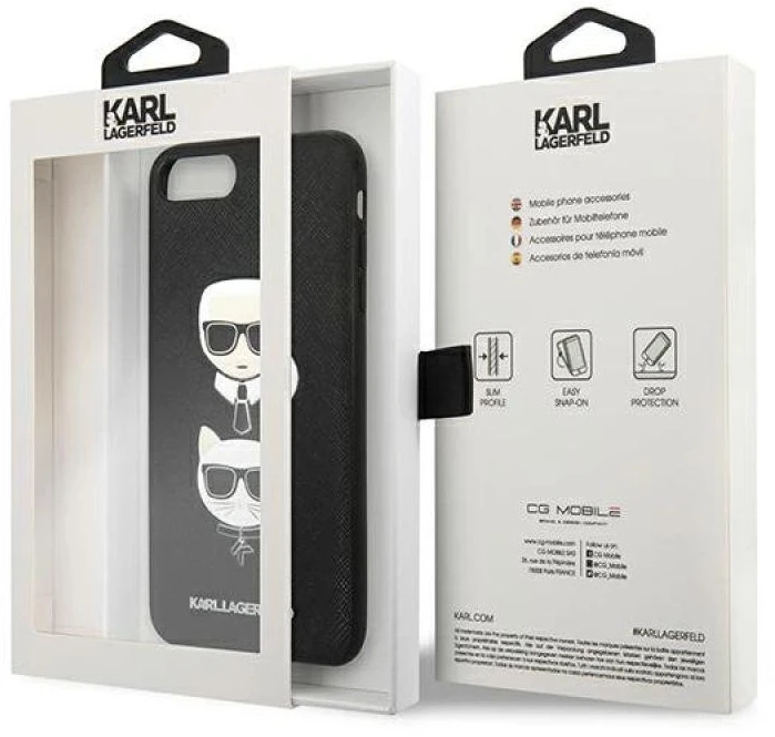 Karl Lagerfeld KLHCI8LSAKICKCBK Apple iPhone7 Plus / 8 Plus juodos spalvos kietas dėklas Saffiano Karl&Choupette