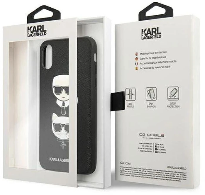 Karl Lagerfeld KLHCI65SAKICKCBK Apple iPhone XS Max juodos spalvos kietas dėklas Saffiano Karl&Choupette Head