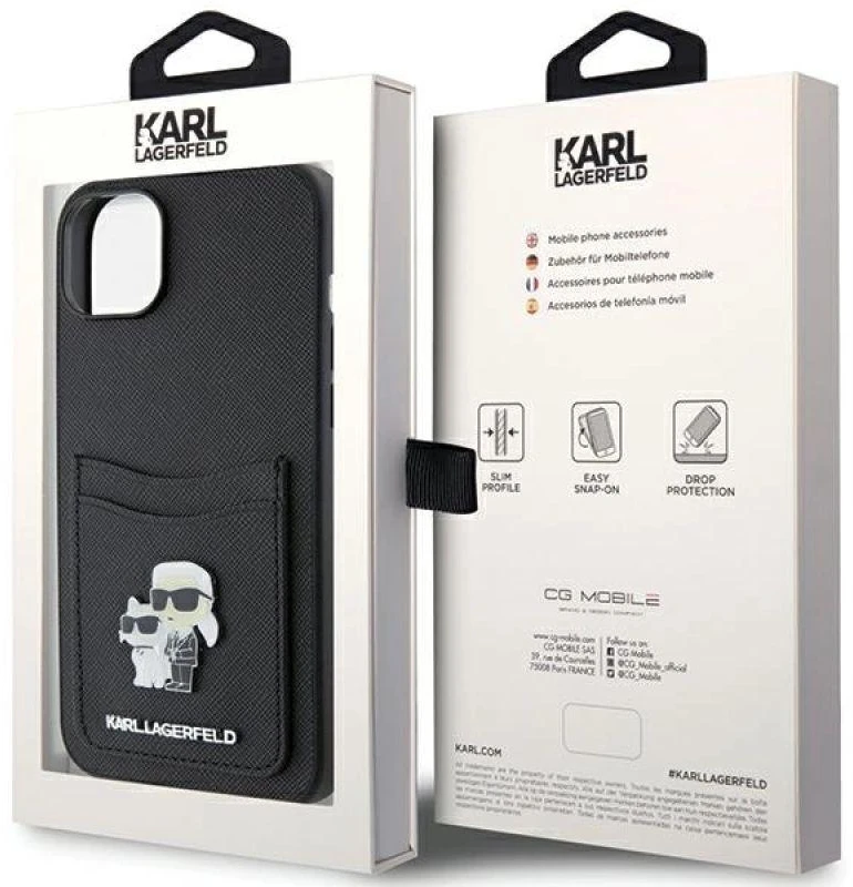Karl Lagerfeld KLHCP15SSAPKCNPK Apple iPhone 15 / 14 / 13 6.1″ juodos spalvos kietas dėklas Saffiano Cardslot Karl