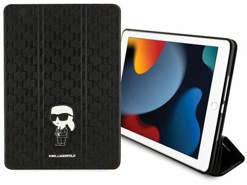 Karl Lagerfeld Saffiano Monogram Ikonik dėklas iPad 10.2" 2019 (7-osios kartos) su Folio Magnet ištisiniu dangteliu - Juodas