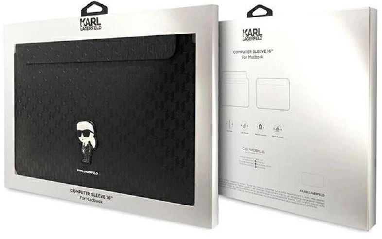 Karl Lagerfeld Dėklas kompiuteriui KLCS16SAKHPKK 16″ juodos spalvos Saffiano Monogram Ikonik