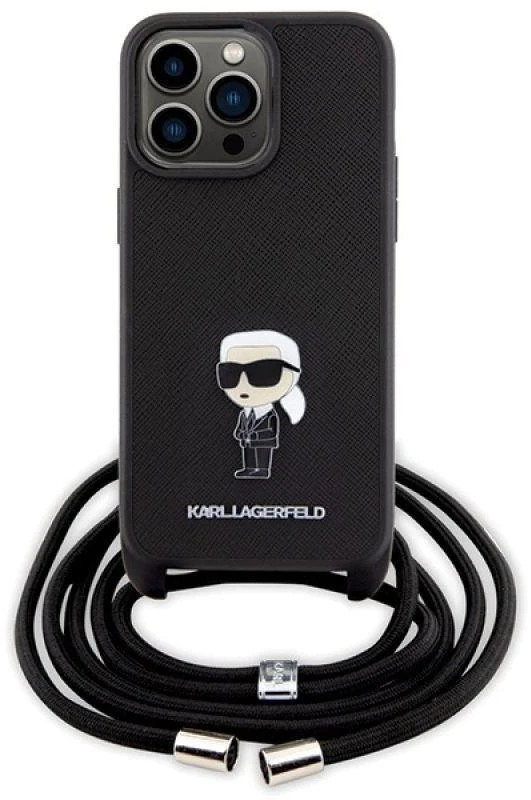 Karl Lagerfeld KLHCP15XSASKNPSK Apple iPhone 15 Pro Max 6.7″ kietas dėklas juodos spalvos Crossbody Saffiano Monog