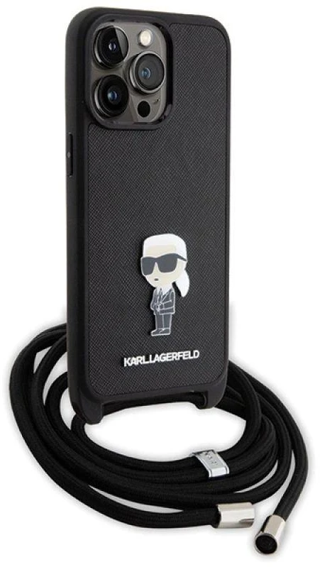Karl Lagerfeld KLHCP15XSASKNPSK Apple iPhone 15 Pro Max 6.7″ kietas dėklas juodos spalvos Crossbody Saffiano Monog