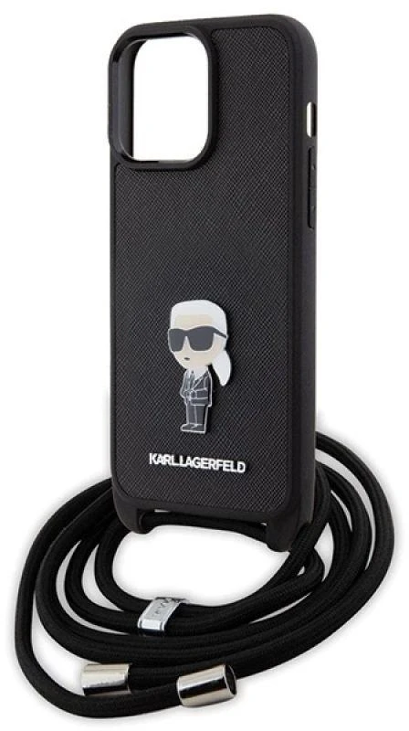 Karl Lagerfeld KLHCP15XSASKNPSK Apple iPhone 15 Pro Max 6.7″ kietas dėklas juodos spalvos Crossbody Saffiano Monog
