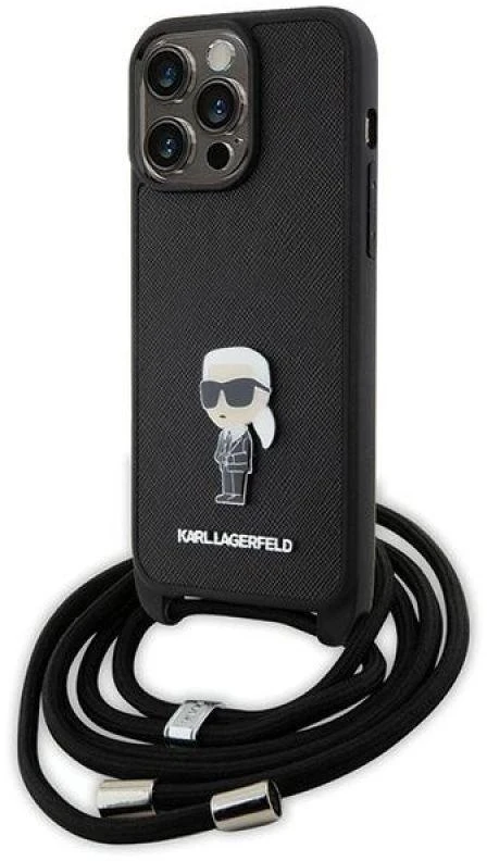 Karl Lagerfeld KLHCP15XSASKNPSK Apple iPhone 15 Pro Max 6.7″ kietas dėklas juodos spalvos Crossbody Saffiano Monog