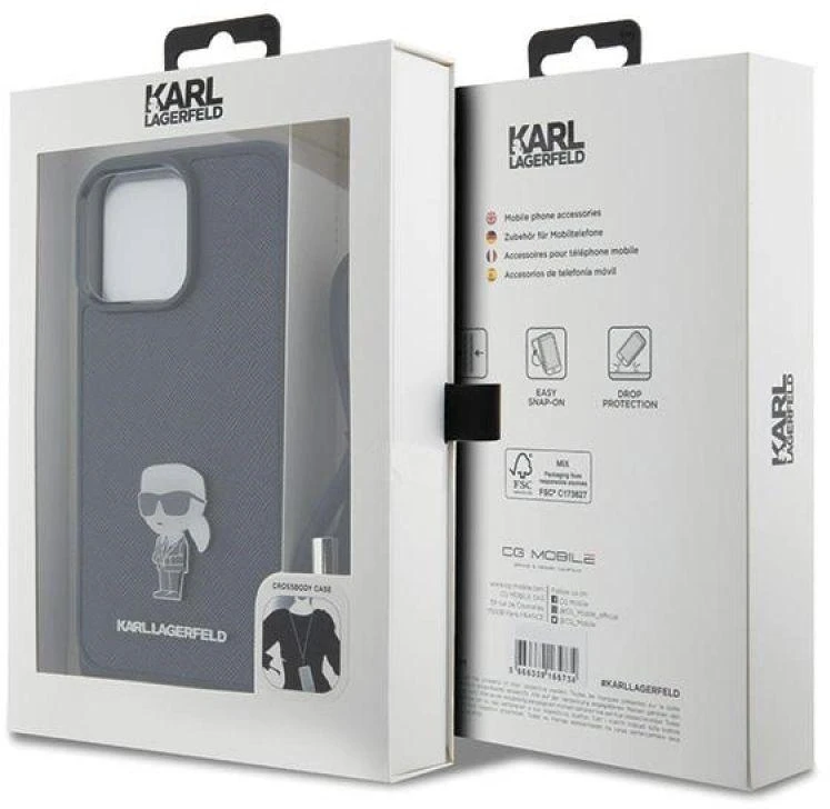 Karl Lagerfeld KLHCP15XSASKNPSK Apple iPhone 15 Pro Max 6.7″ kietas dėklas juodos spalvos Crossbody Saffiano Monog