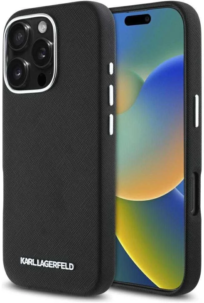 Dėklas Karl Lagerfeld Saffiano Full Wrapped Elongated Metal Logo MagSafe Apple iPhone 16 Pro Max juodos spalvos